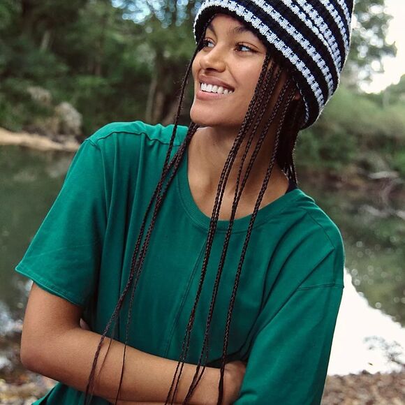 NWT FP Movement Free People Stripe It Up Cool Down Beanie in B&W - Picture 2 of 4